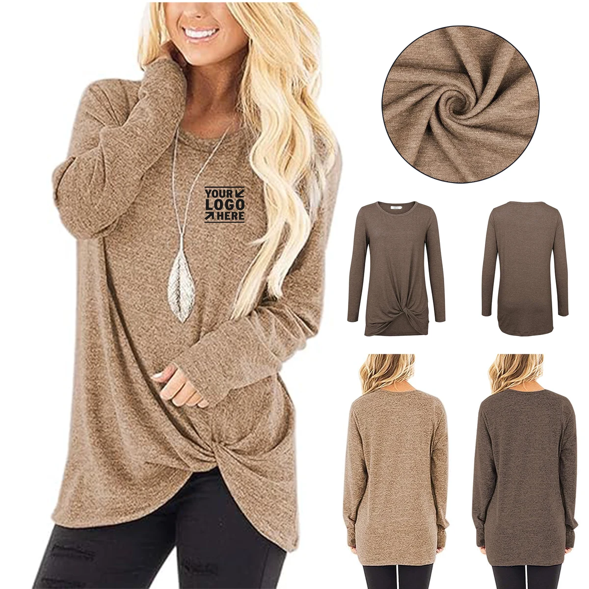 Women Tops Long Sleeve Fall Casual Tunic Shirts Round Neck Twist Knotted Tee Blouses 1