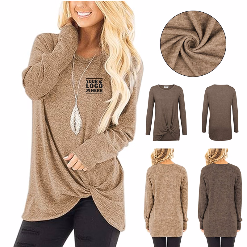 Women Tops Long Sleeve Fall Casual Tunic Shirts Round Neck Twist Knotted Tee Blouses