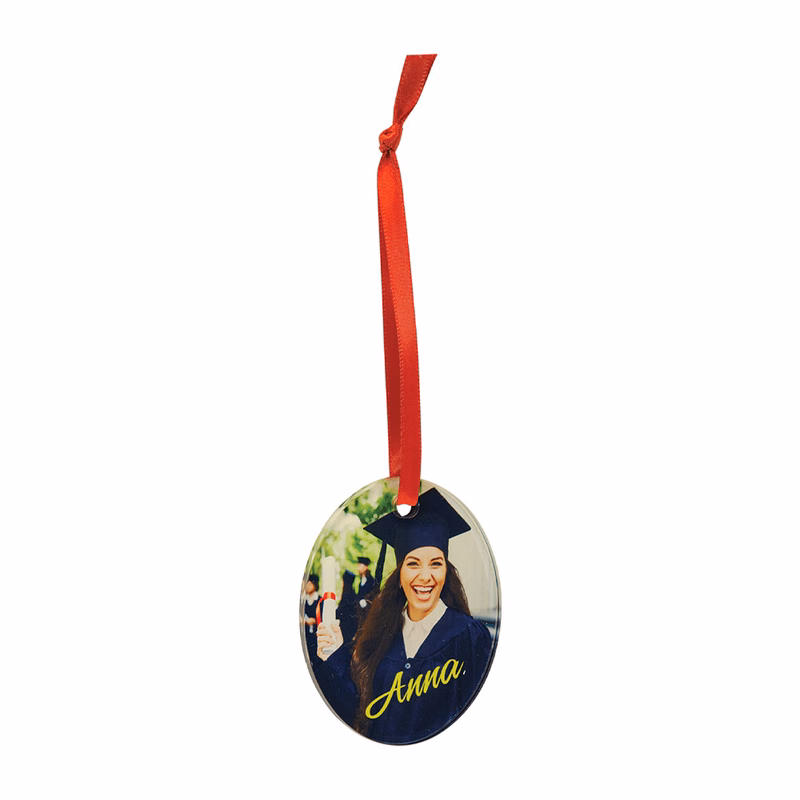 2 1/4" X 3" SUBLIMATED ACRYLIC ORNAMENT W/RED RIBBON
