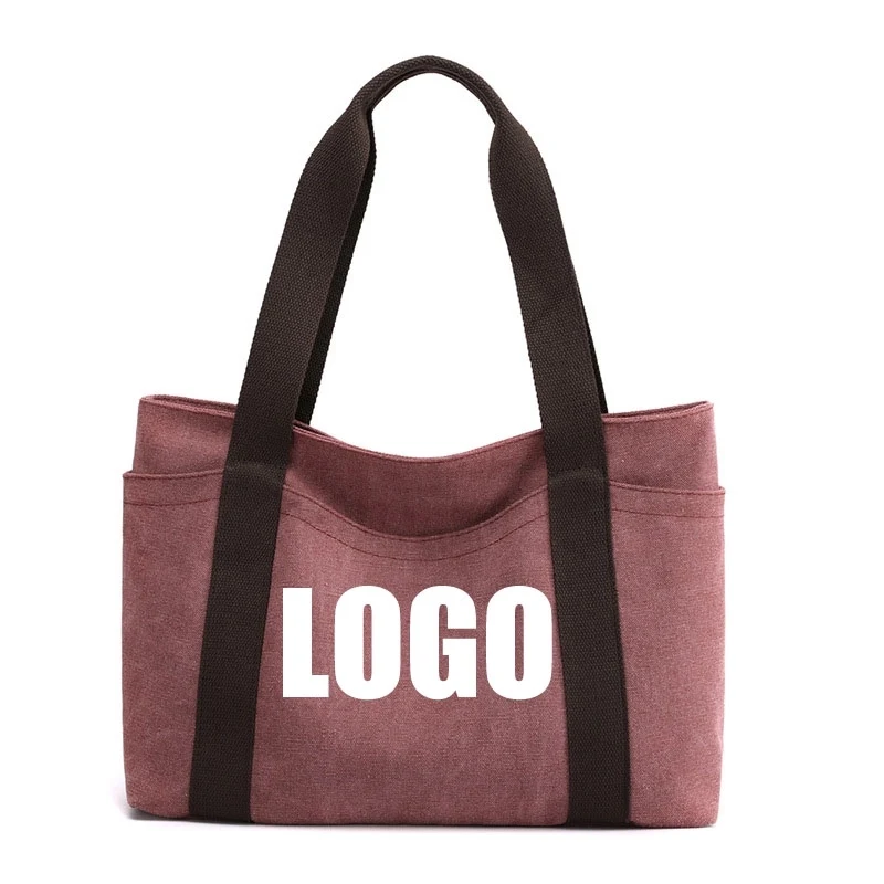 Custom Women's Canvas Multi-pocket Tote Handbag, custom tote bag with logo imprint 1