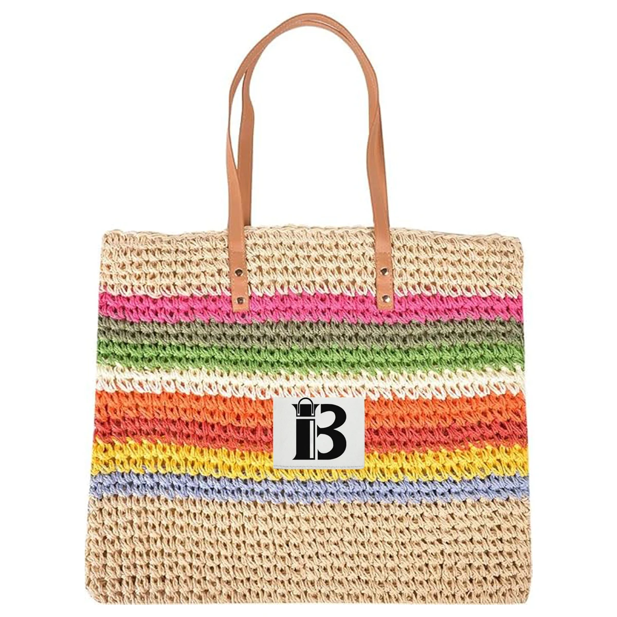 Rainbow Striped Paper Rope Shoulder Bag - Boho Beach Tote 1