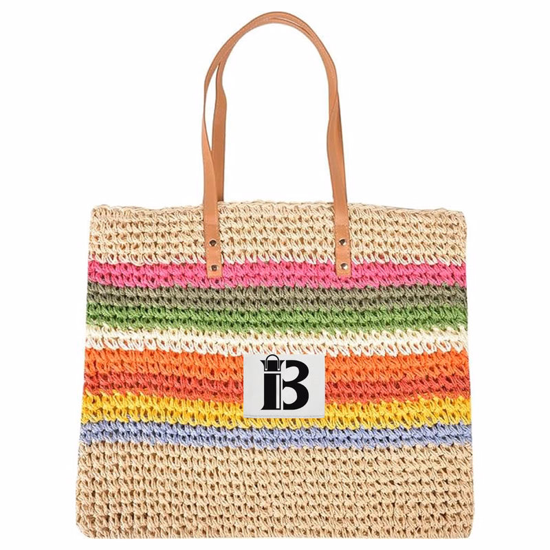 Rainbow Striped Paper Rope Shoulder Bag - Boho Beach Tote
