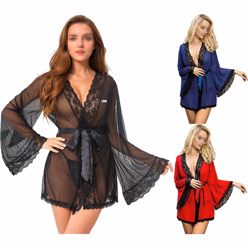 Women Long Sleeve Sheer Lace Nightgown Sleepwear