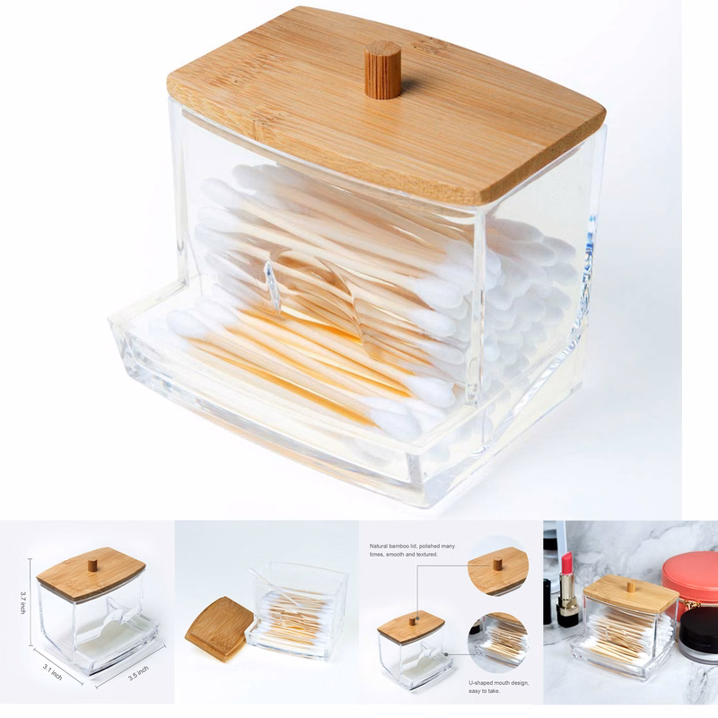 Acrylic Qtip Holder with Bamboo Lid