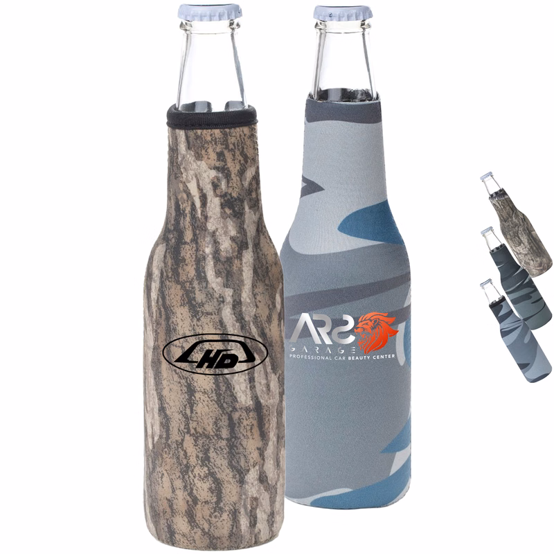 12 Oz. Neoprene collapsible camo Bottle Cooler w/ Bottle Opener