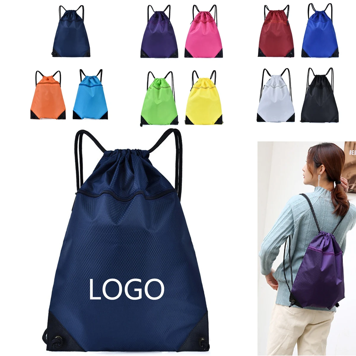 Oxford Sports Drawstring Backpack With Front Zipper Pouch 1
