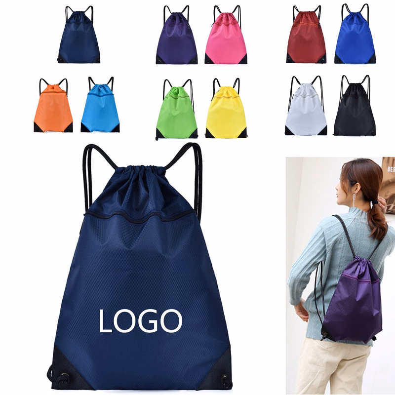 Oxford Sports Drawstring Backpack With Front Zipper Pouch