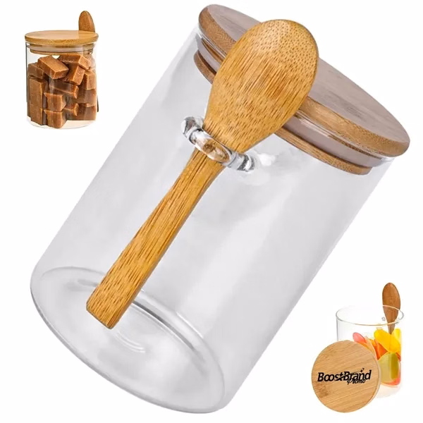 Custom 18 oz Glass Storage Container with Bamboo Lid & Spoon — Eco Corporate Gift
