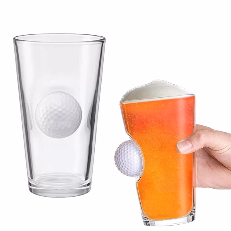 15 oz Glass Beer Mug W/ Embedded Golf Ball