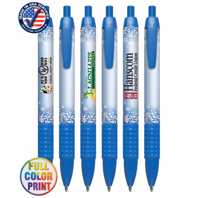 Union Printed, Certified USA Made "Holiday Snow" Click Grip Pen