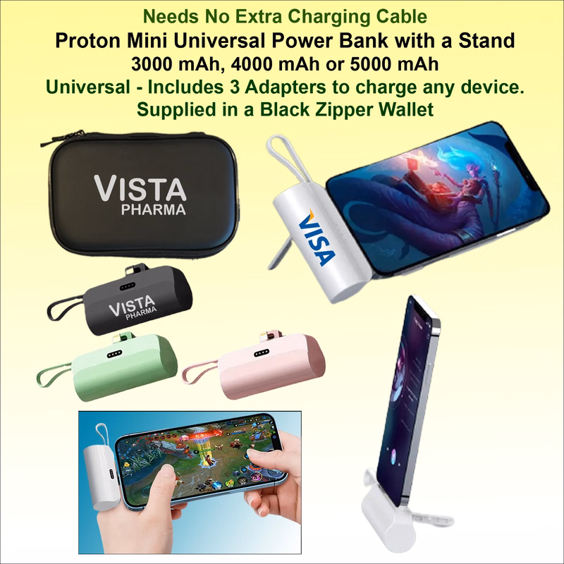 Proton Mini Universal Power Bank with integrated stand, Black Zipper Wallet 5000 mAh