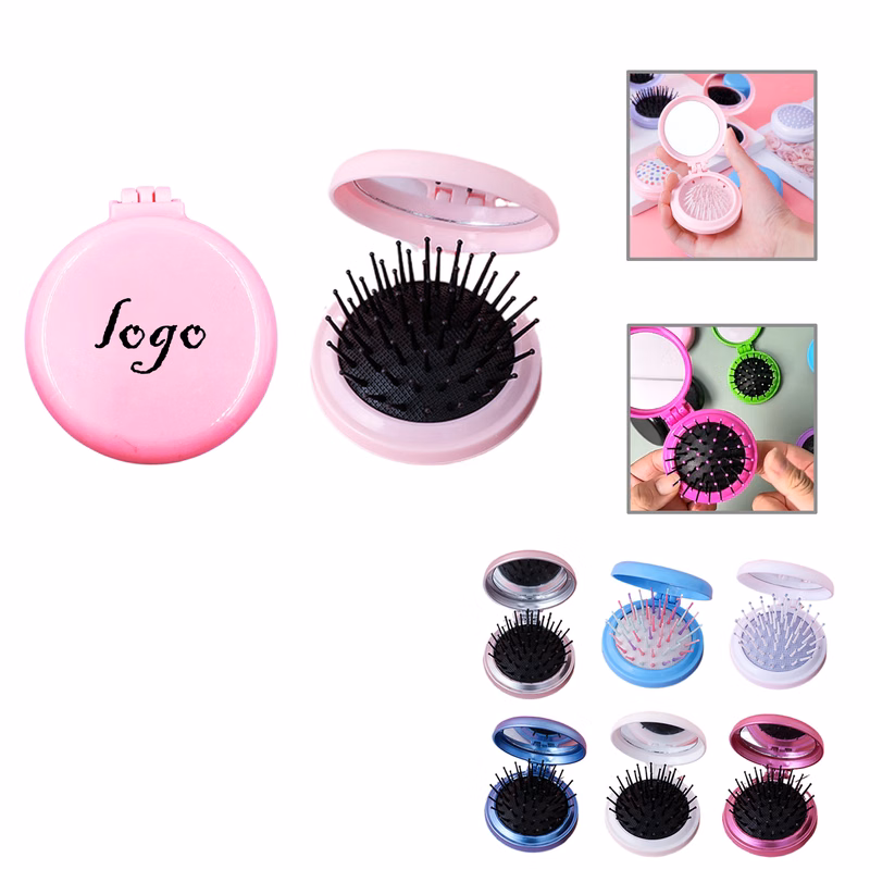 MOQ100 Compact Folding Hair Comb with Built-in Mirror