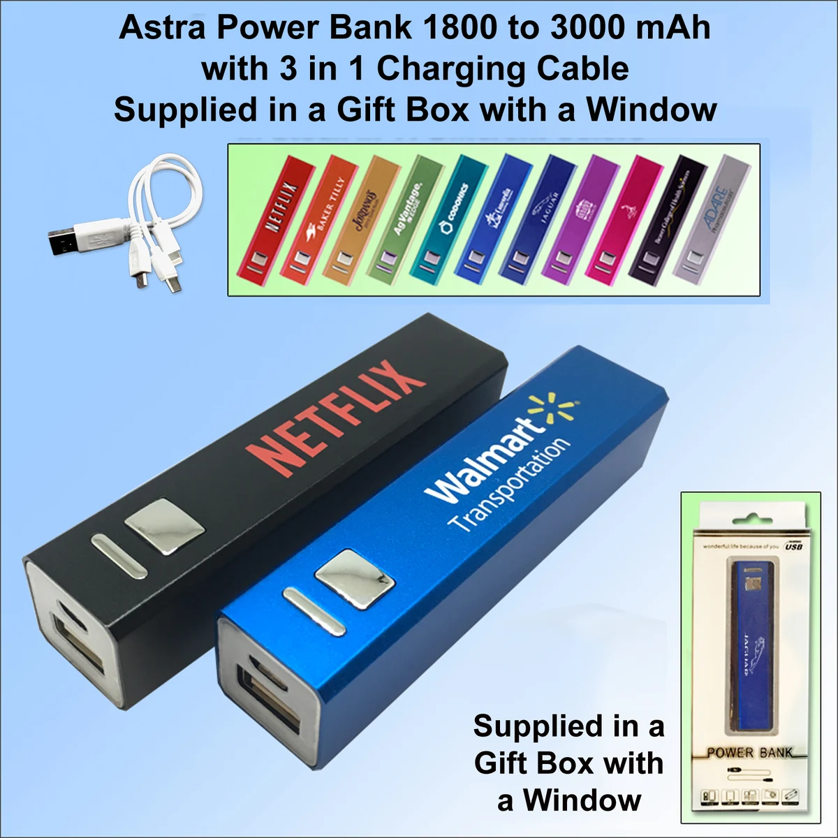 Astra Power Bank with 3 in 1 Charging Cable. Supllied in a Gift Box 2200 mAh 1