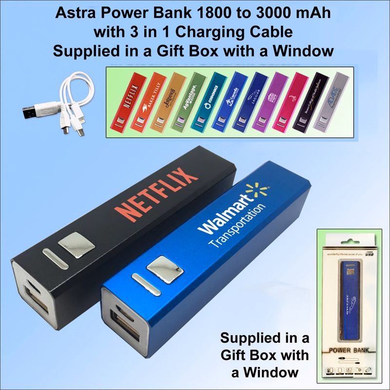Astra Power Bank with 3 in 1 Charging Cable. Supllied in a Gift Box 2000 mAh