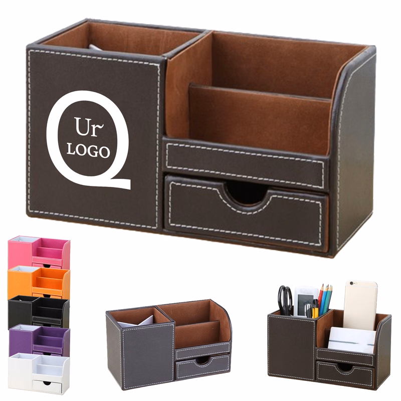 Leather Multi-Purpose Desk Top Pen Holder Organizer