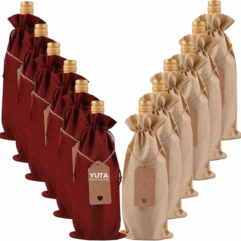 Drawstring Burlap Wine Bags With Tags & Ropes