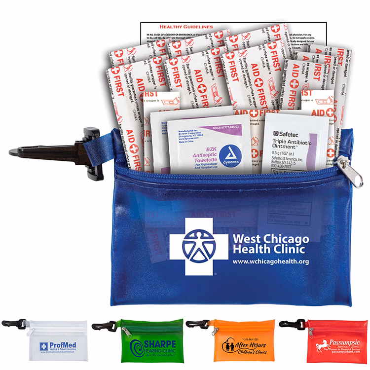 "TROUTDALE PLUS" 14 Piece First Aid Kit in Translucent Zipper Kit with Plastic Carabiner Attachment