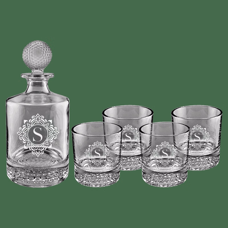 Polar Camel 9 oz Clear 850m L Round Golf Glass Decanter Set with Four Golf Rocks Glasses in Black G
