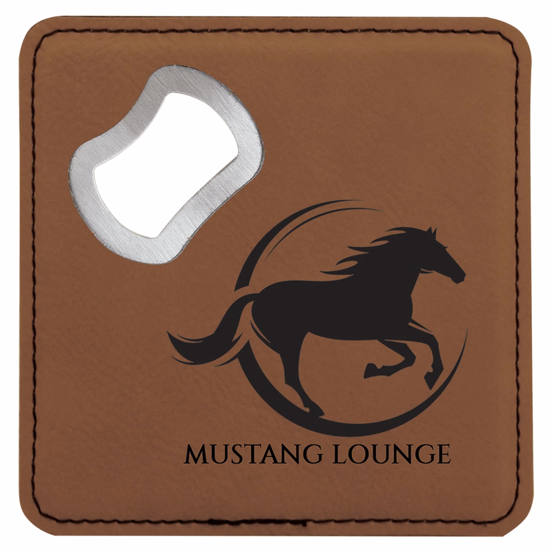 4" x 4" Square Dark Brown Leatherette Coaster w/ Bottle Opener