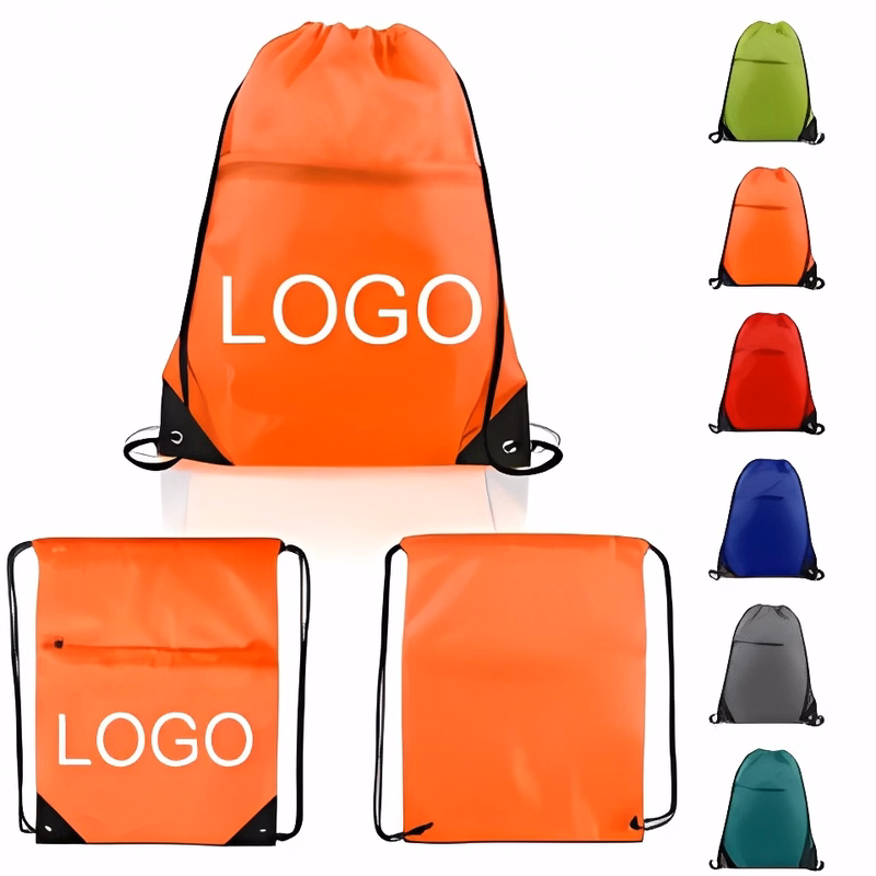 210D Zipper Drawstring Backpack W/ Leather Corner