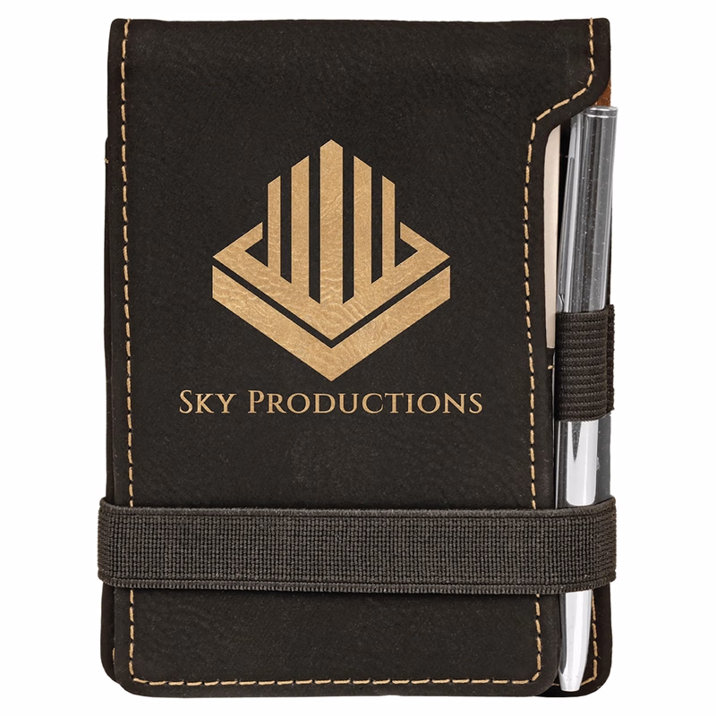 Black & Gold Leatherette Mini Notepad with Pen