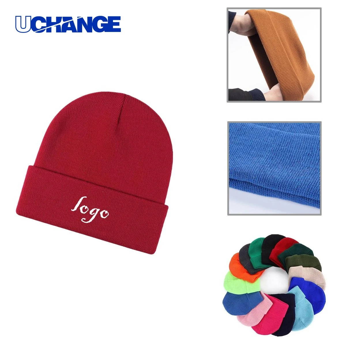 Embroidered Knit Ski Cap with Rolled Edge 1