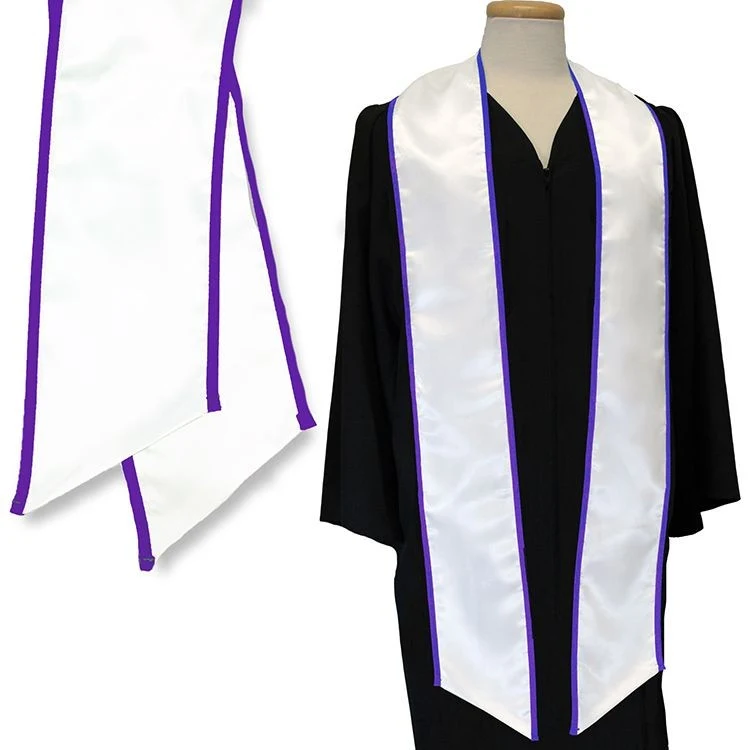 White 84" Graduation Stole with Purple Binding 1