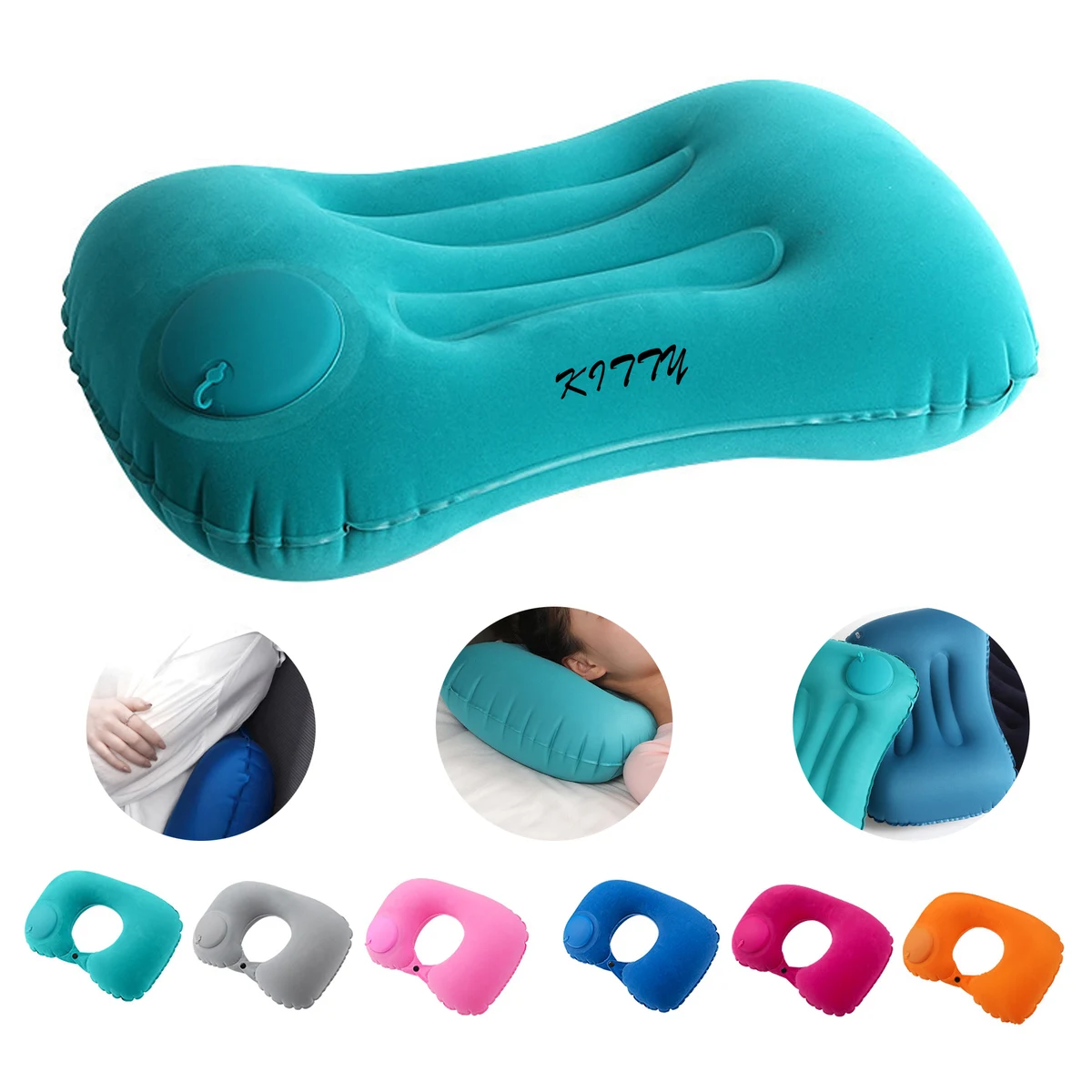 Press-to-Inflate Portable Flocked Square Pillow 1