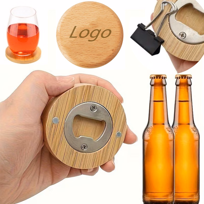 Round Magnetic Bamboo Bottle Opener Wooden Coaster