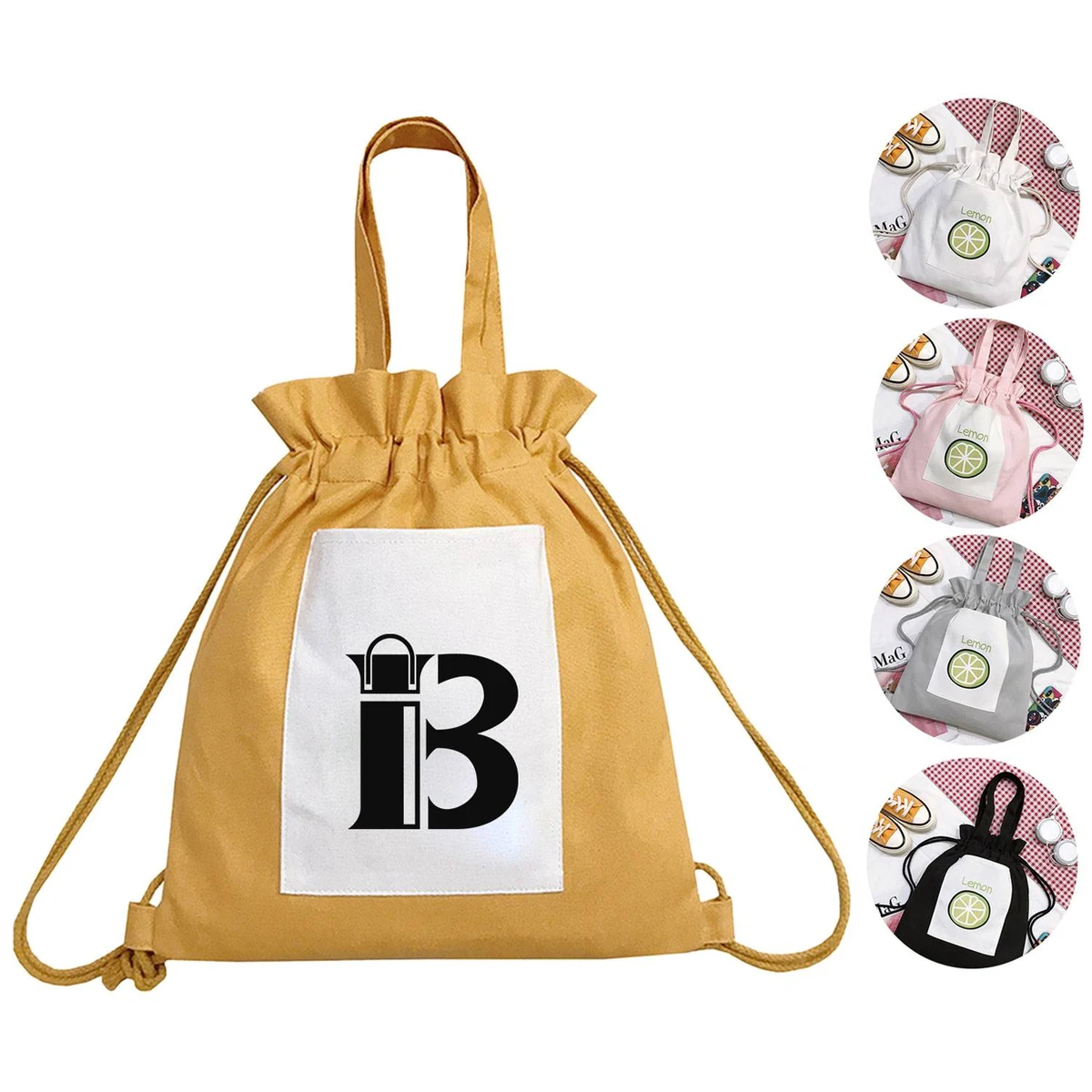 Canvas Drawstring Tote Bag w/ Pocket 1
