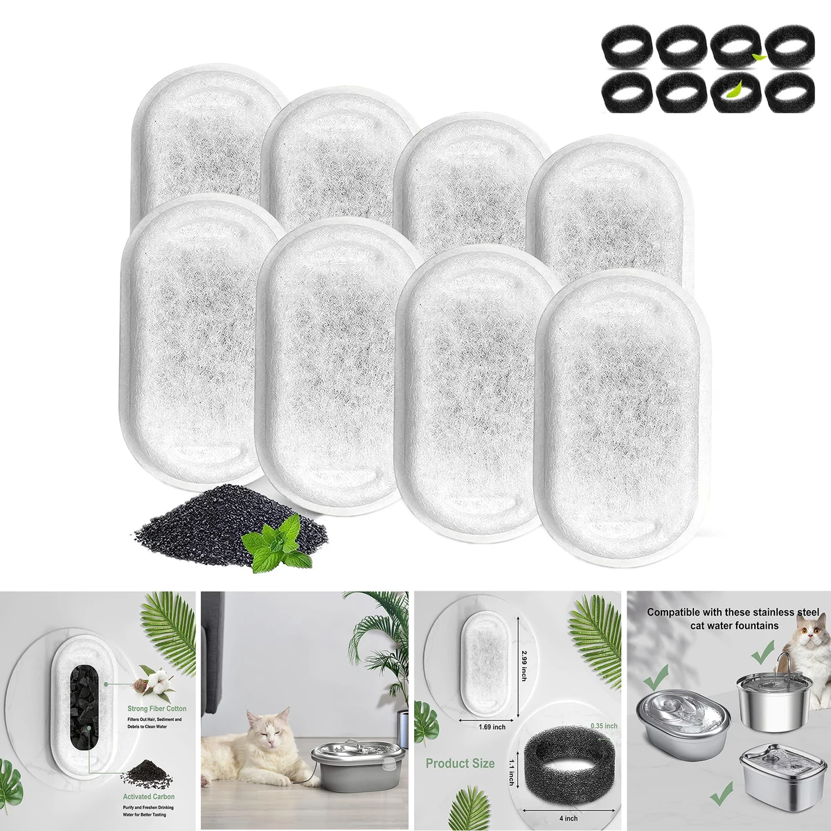 16 Pcs Replacement Pet Cat Water Fountain Filters with 8 Sponges 1