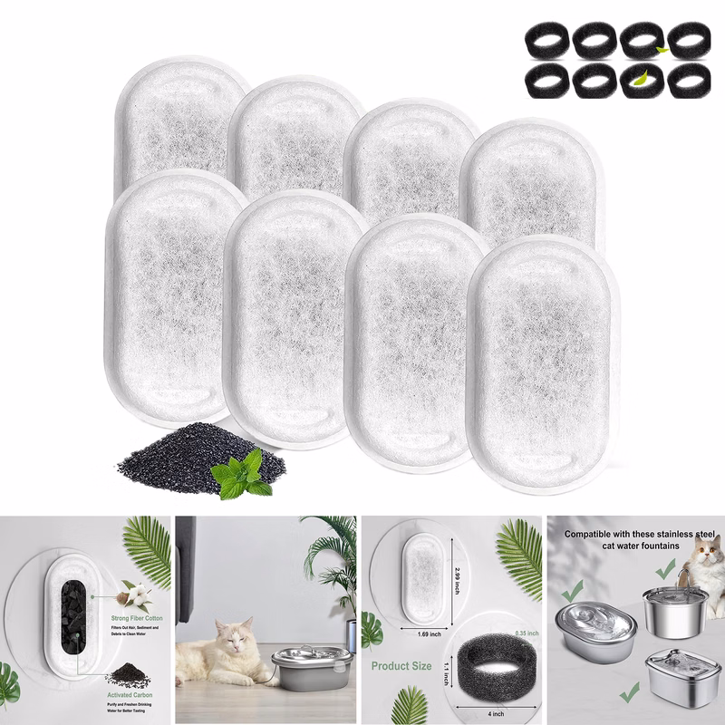 16 Pcs Replacement Pet Cat Water Fountain Filters with 8 Sponges