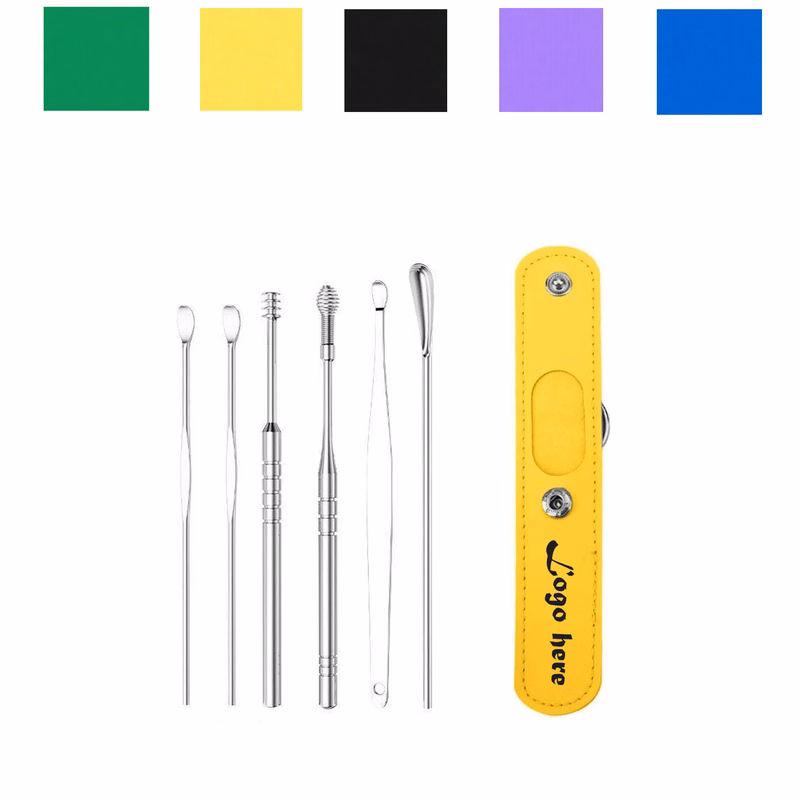 Portable Stainless Steel 6Pcs Ear Scoop Set W/ Lether Bag