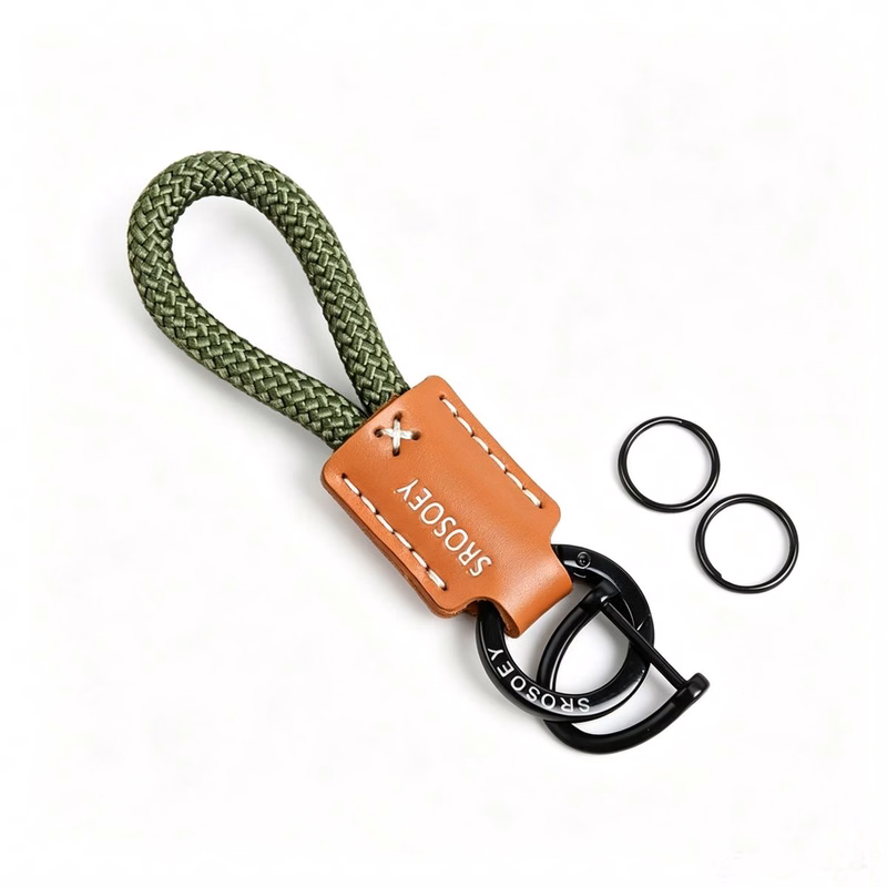Braided Nylon Rope Keychain With Leather Tag