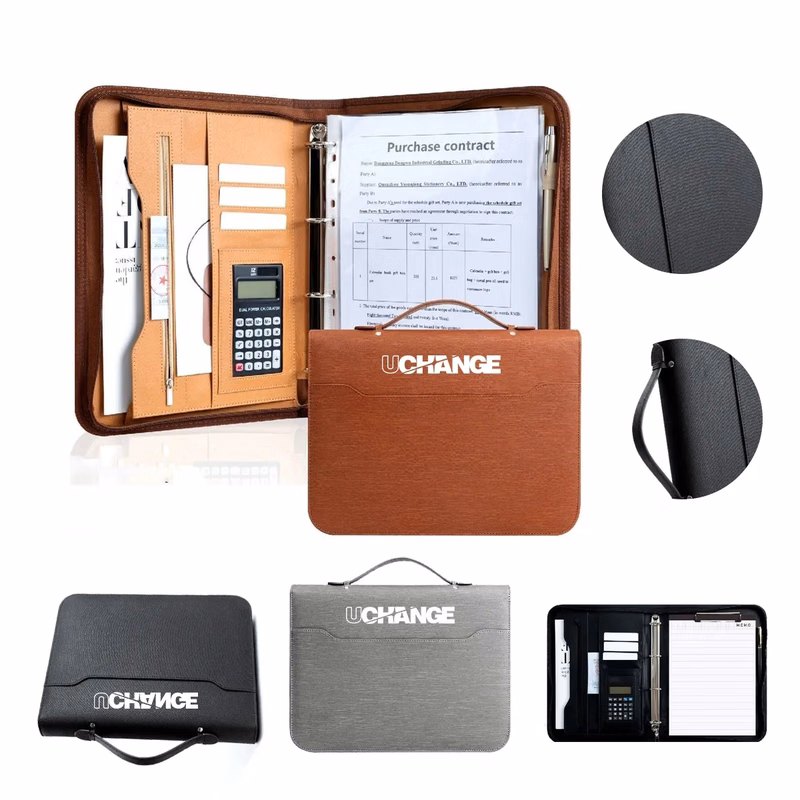 PU Leather A4 Zippered Portfolio With Handle And Binder