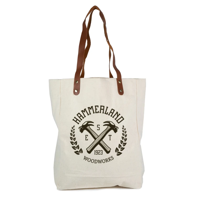 Super Sale - Natural Real Leather Handle Cotton Tote 1