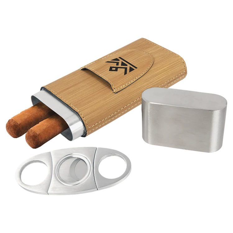 Bamboo Leatherette Cigar Case with Cutter 1