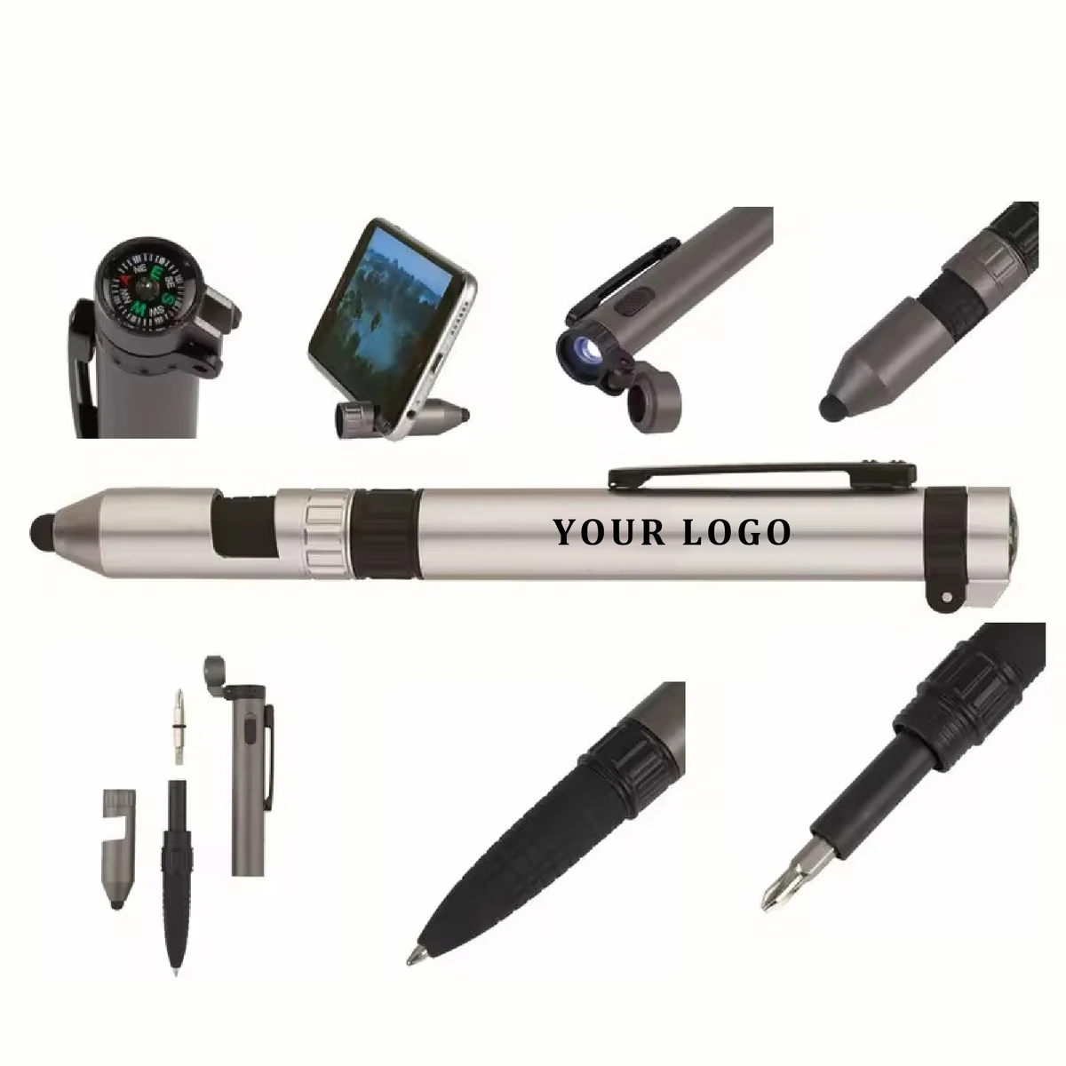 6 in 1 Multifunction Tool Ballpoint Pen with Outdoor Compass Screwdriver Torch Stylus Mobile Phone 1