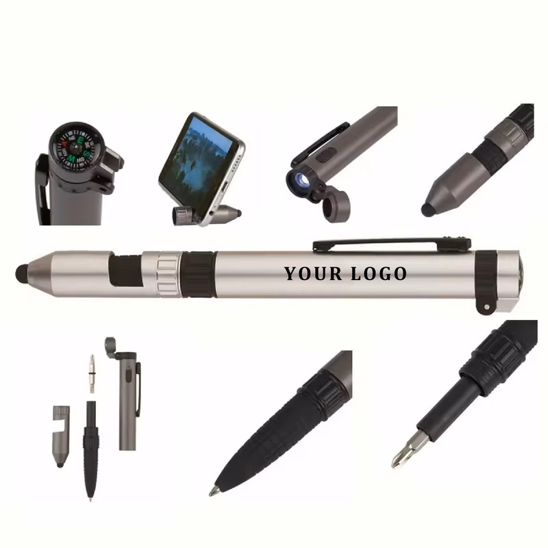 6 in 1 Multifunction Tool Ballpoint Pen with Outdoor Compass Screwdriver Torch Stylus Mobile Phone 