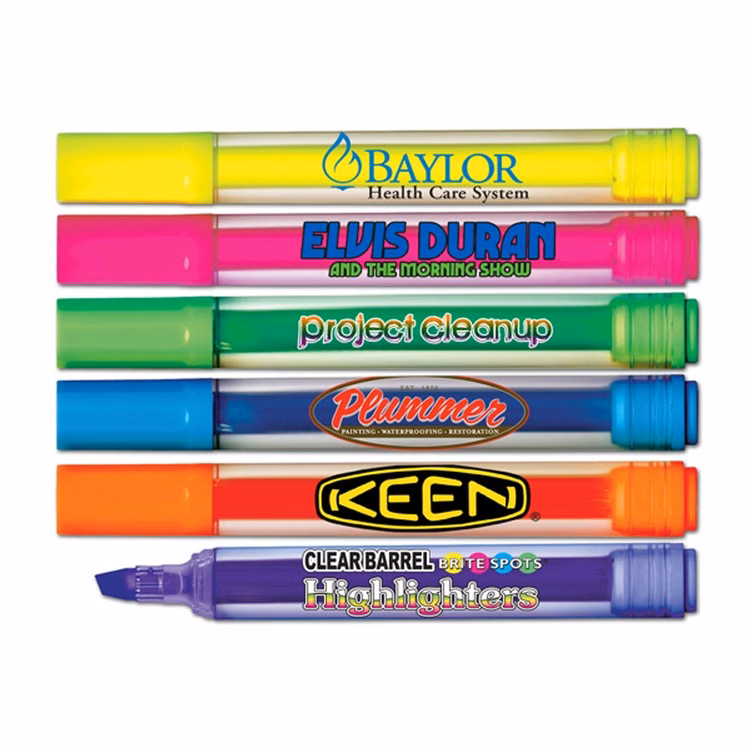 Brite-Spots Fluorescent Highlighters - Clear Barrel - Full Color Decal - USA Union Made