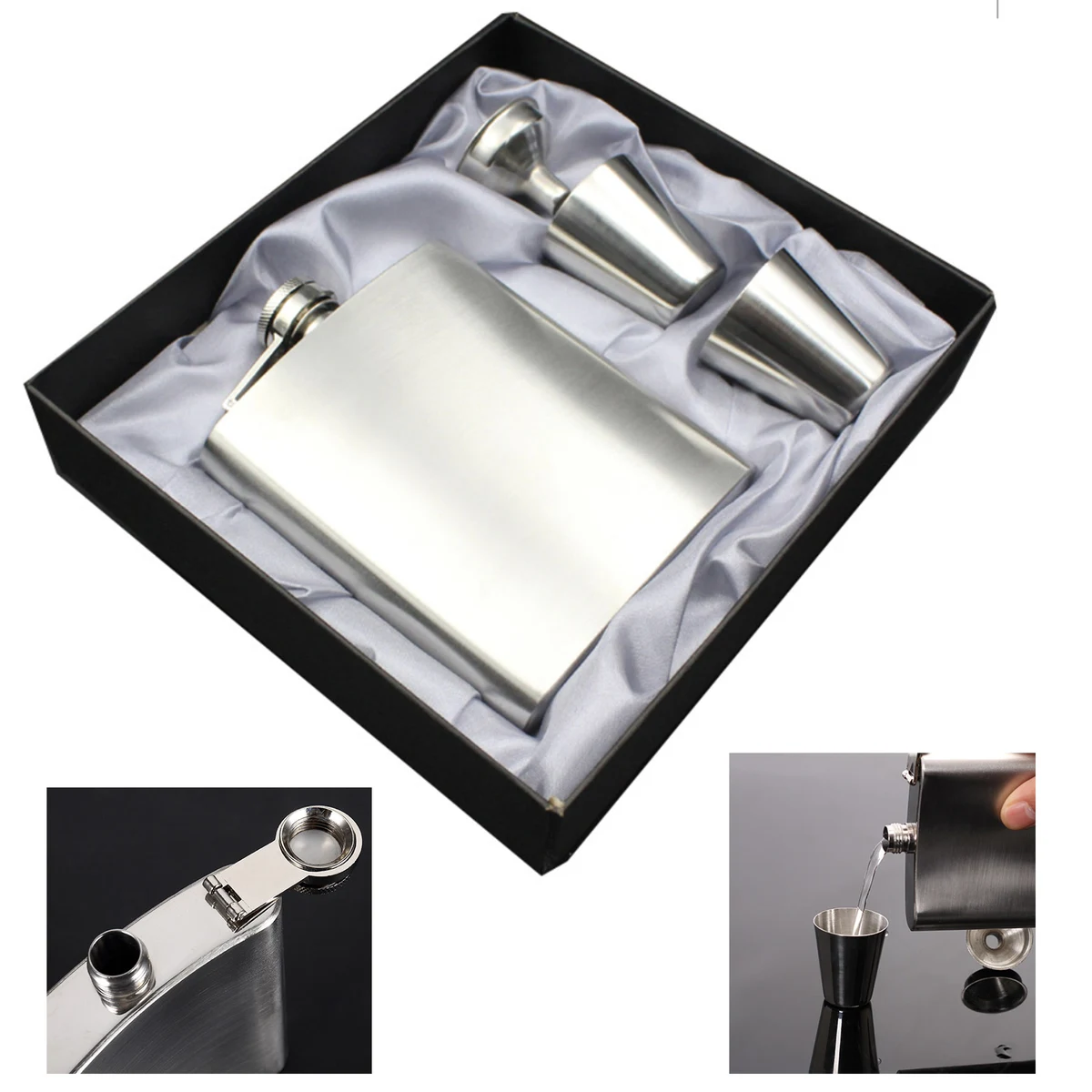 Hip Flask Set Silver 7 Oz Gift 100% Stainless Steel 1