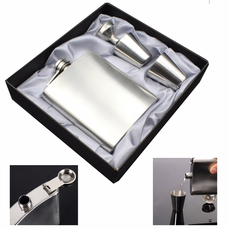 Hip Flask Set Silver 7 Oz Gift 100% Stainless Steel
