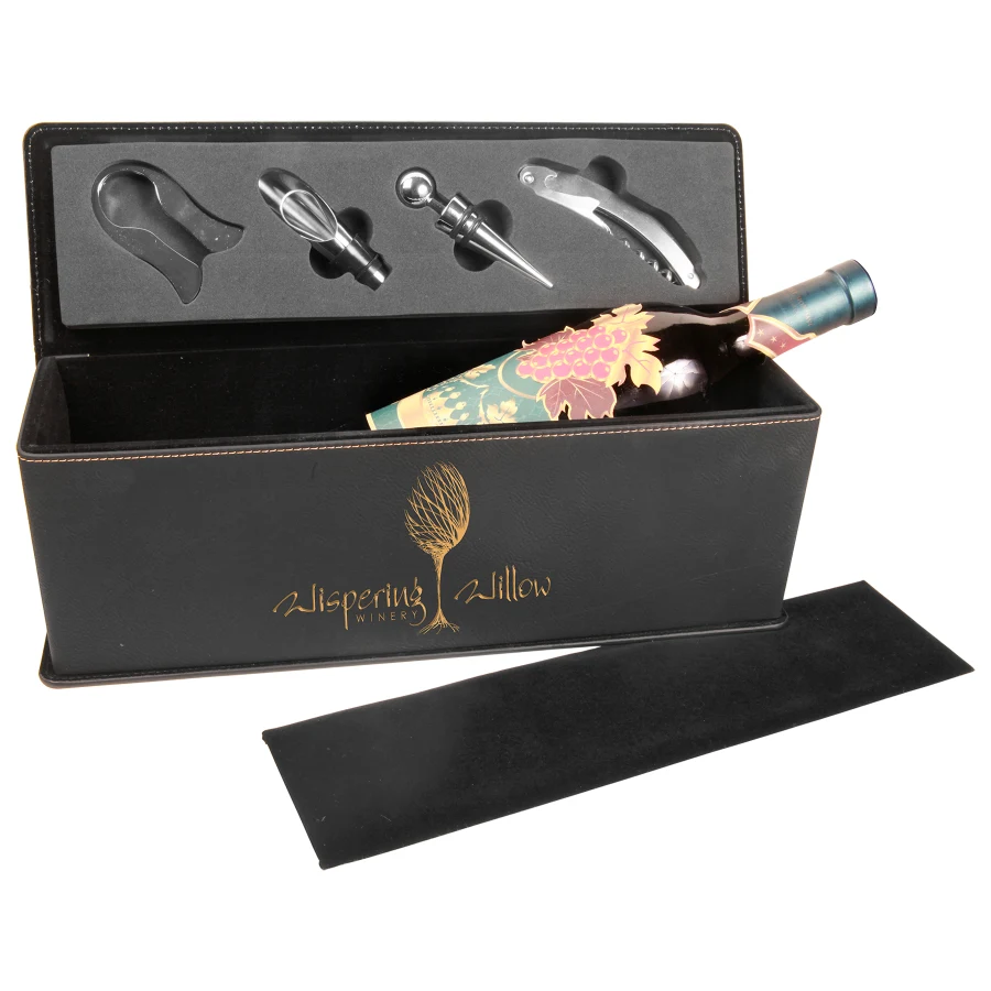 Black/Gold Leatherette Single Wine Box with Tools 1