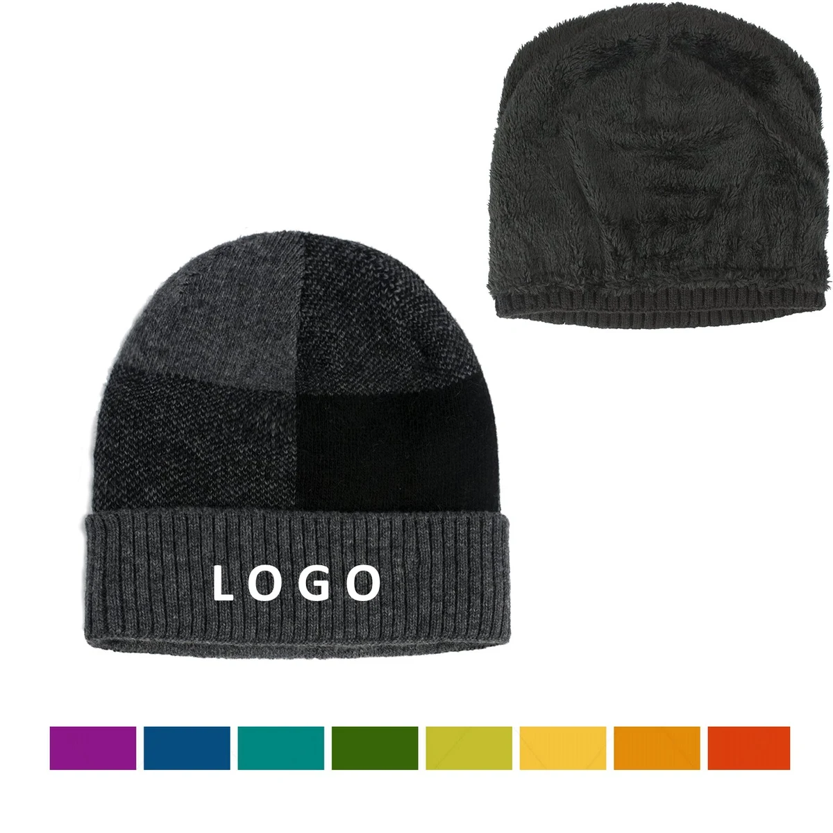 Sherpa Fleece Lining Wool Color Patch Beanie 1