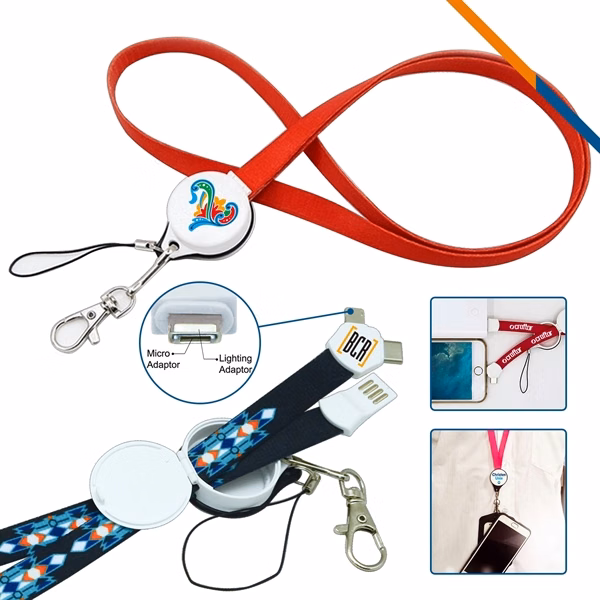 Custom Polyester 2-in-1 Lanyard Charging Cable — Swivel Badge Holder & Charger