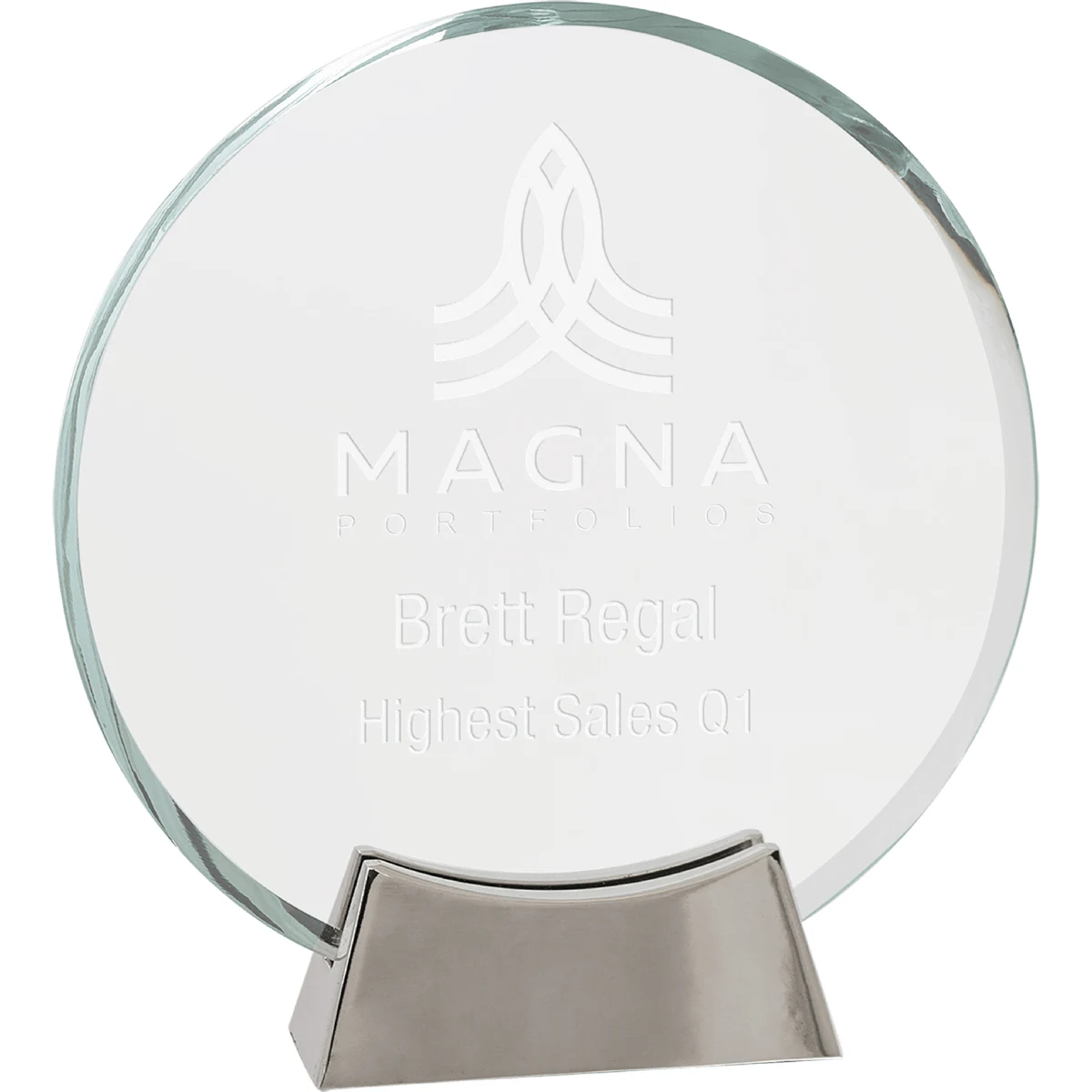 7 1/4" Clear Round Platinum Glass Award w/ Metal Base 1