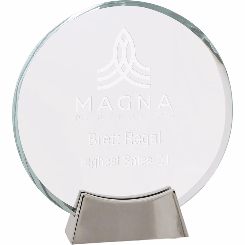7 1/4" Clear Round Platinum Glass Award w/ Metal Base