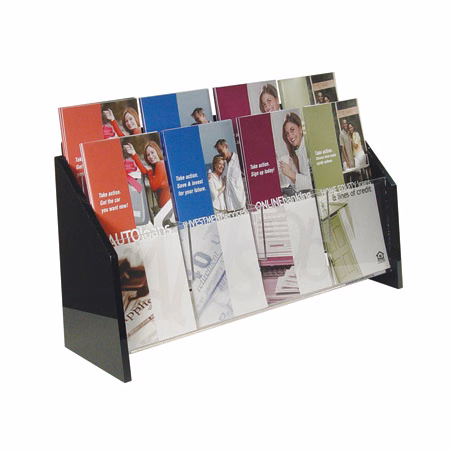 Wall Mount Brochure Holder, Clear w/Black Ends, 2-tier, 8 pockets