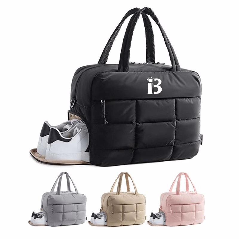 Quilted Nylon Fluffy Tote Bags W/ Shoe Compartment