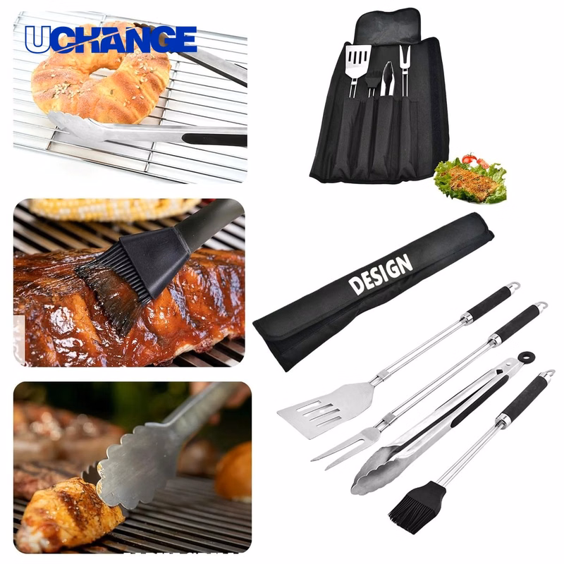 4-Piece BBQ Tool Set with Wrap Bag for Grilling